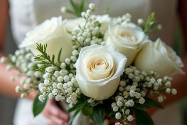 Detalle de arreglo floral para boda con rosas blancas y follaje verde