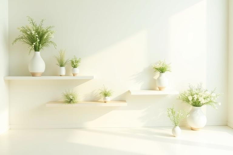 Diversos floreros con arreglos florales frescos en un ambiente moderno y luminoso, representando una suscripción floral